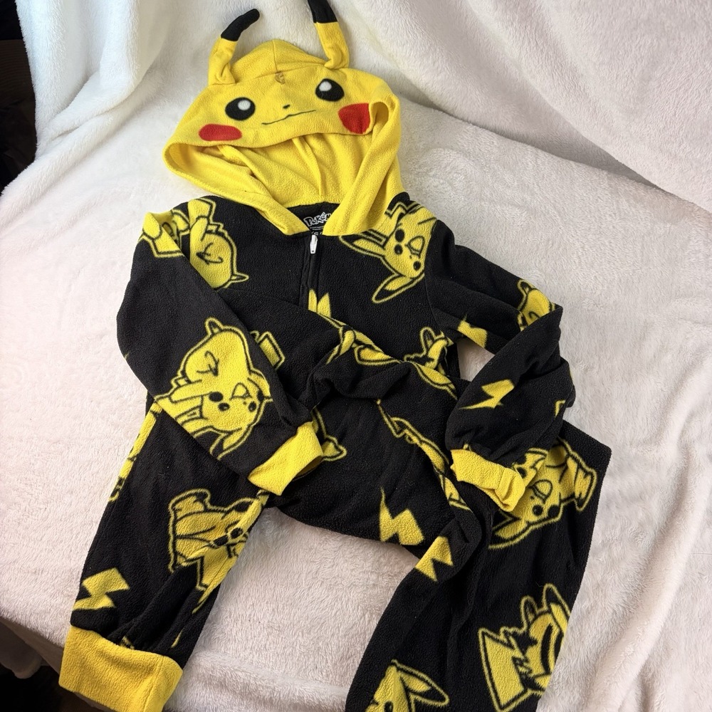 Pokémon Pikachu Kids One Piece Hooded Pajama Union Suit Fleece XS 4/5 Cosplay